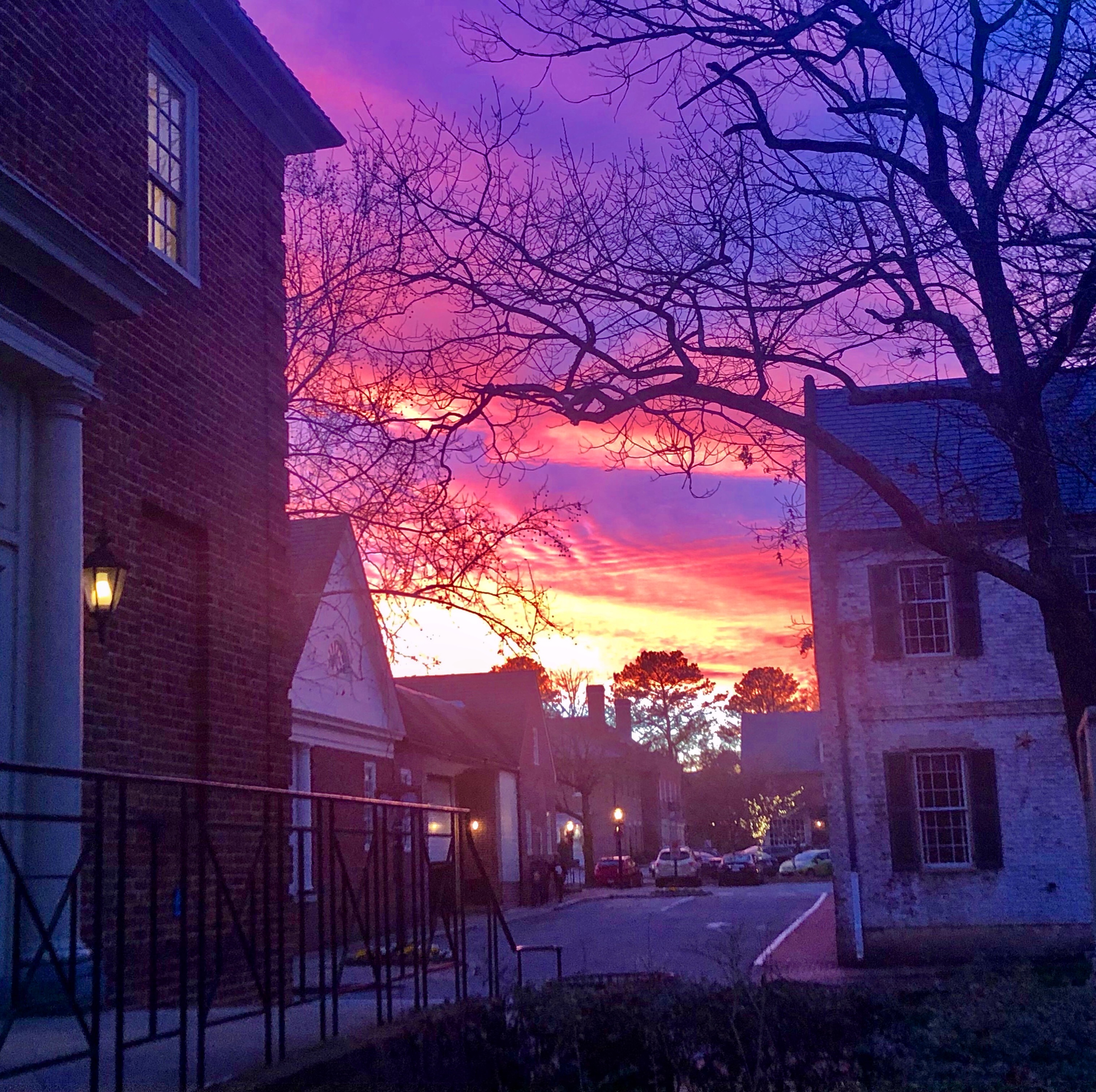 Beautiful winter sunsets in Williamsburg Virginia Merchant Square