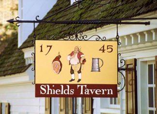 Colonial Williamsburg Subject of Child’s Gluten Allergy ADA Suit Sign outside of Shields Tavern, Colonial Williamsburg