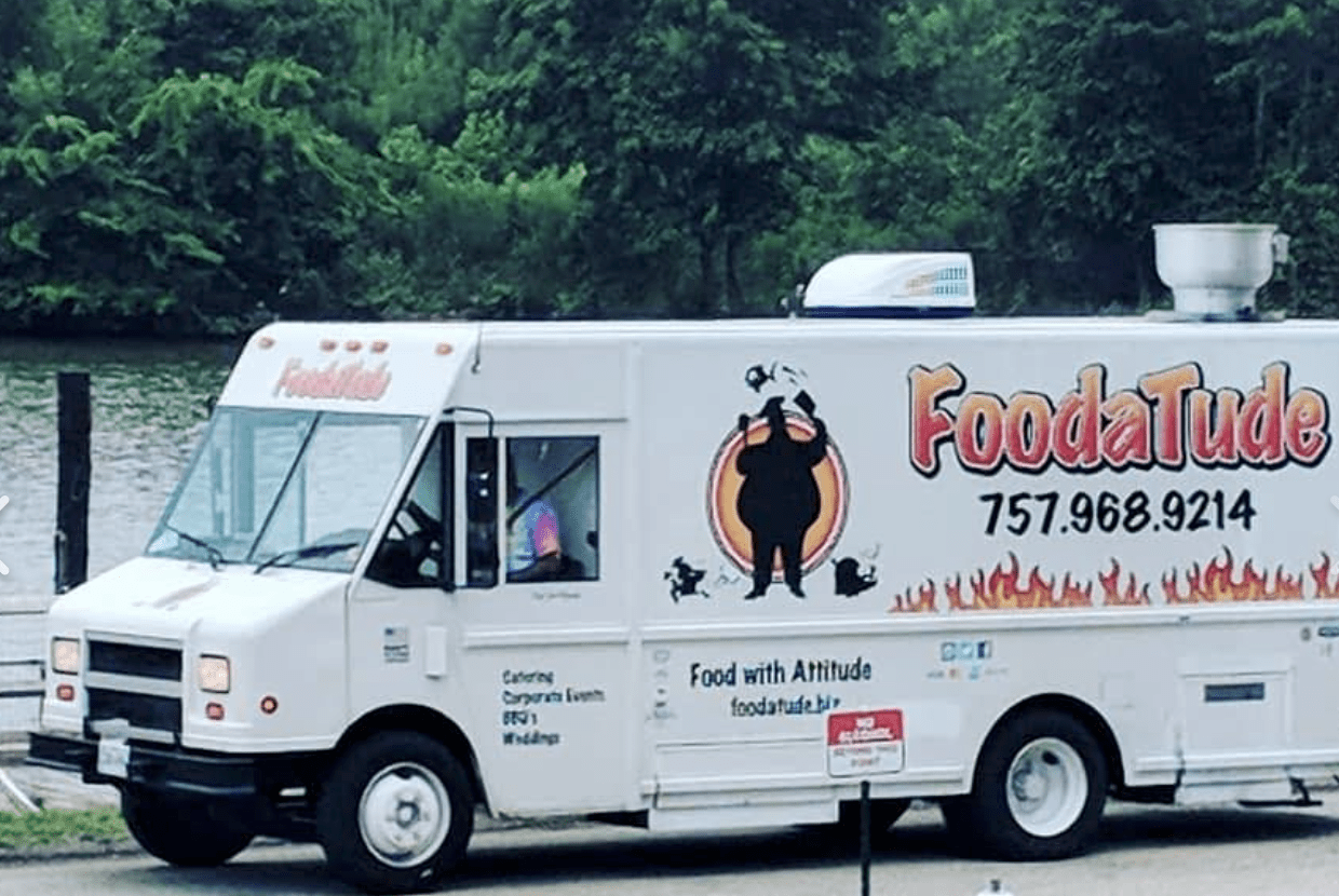 Foodatude food with attitude food truck parked at Jamestown marina location of billsburg brewery food truck finder in Williamsburg Virginia