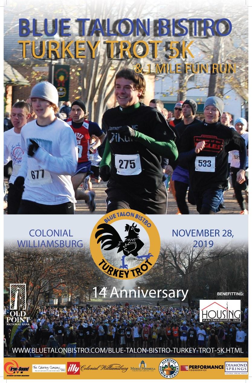 blue talon turkey trop 5k and fun run thanksgiving colonial williamsburg virginia