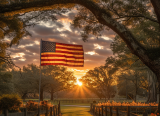 May Magic: Immerse Yourself in Williamsburg’s Colonial Heritage American flag at sunrise over gardens