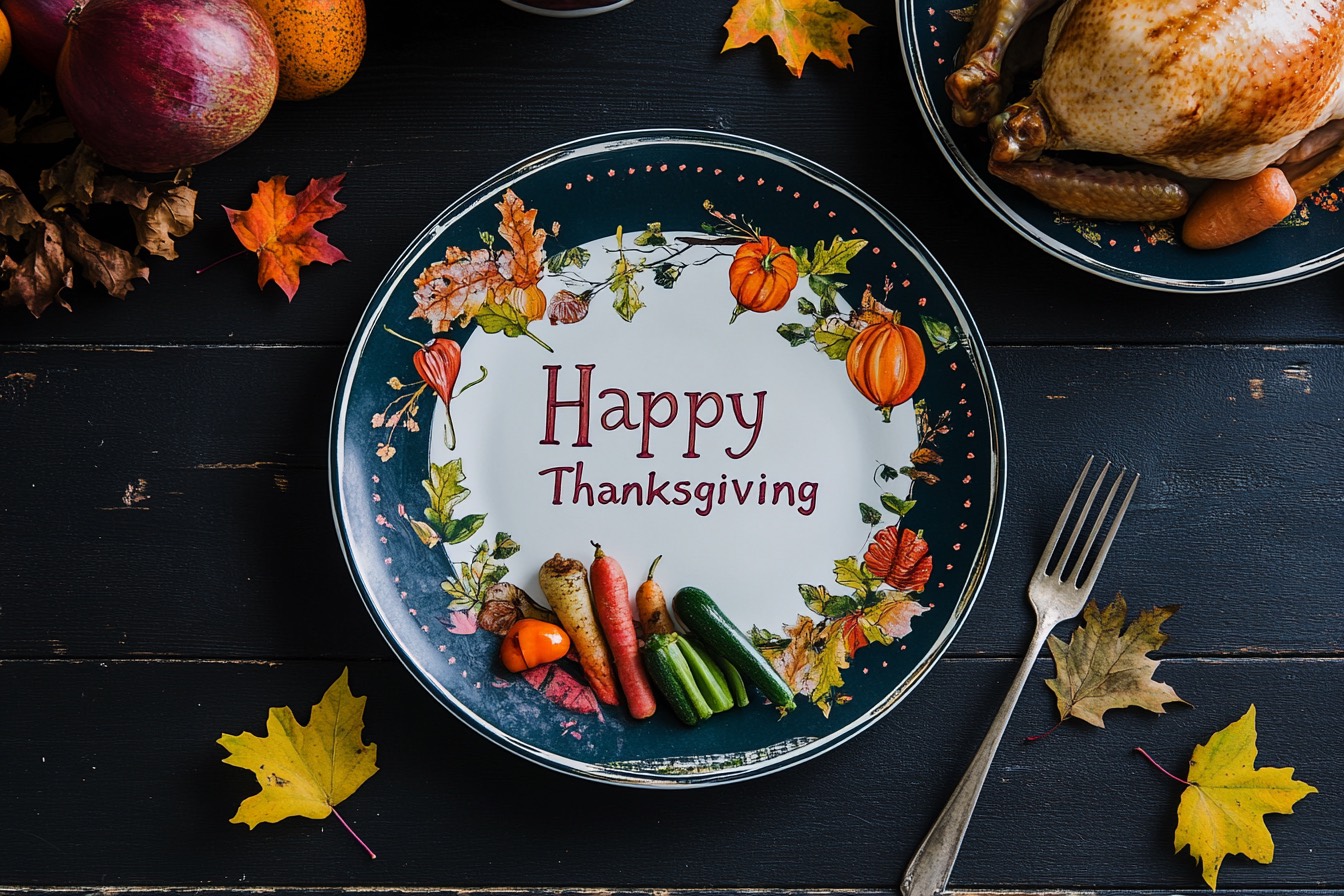 happy thanksgiving on plate on table with turkey